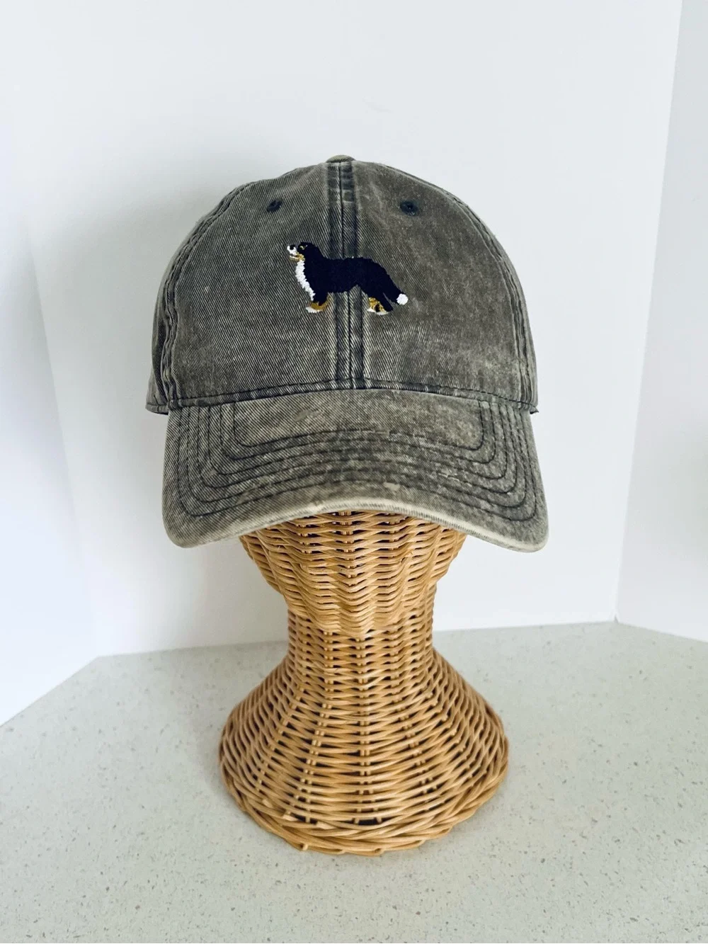 Bernese Mountain Dog Embroidered Baseball Cap Grey Denim Adjustable Hat One Size